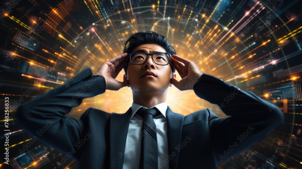 Poster tech analyst study cyber data chart from corporate system for statistical analytic defining marketin