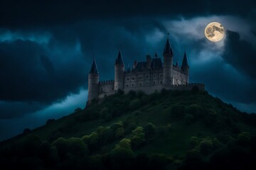 Naklejka premium Gothic castle on a hill, under a moonlit,