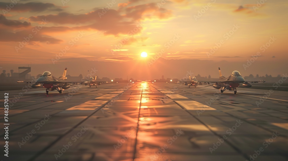 Wall mural military fighter jet aircrafts parked on runway standby ready to take in sunset. AI generated illustration - Wall murals