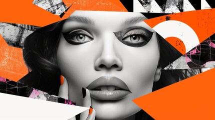 Monochrome face of a young girl in composition with geometric figures of bright colors. Abstract surrealistic collage. Portrait of a beautiful woman. Combination of photorealism with digital art.