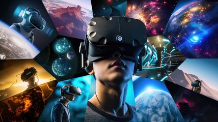 collage of various VR applications, including gaming, education, and virtual travel, showcasing the versatility of VR technology