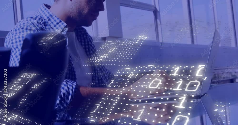 Poster animation of binary coding data processing over caucasian businessman using laptop in office