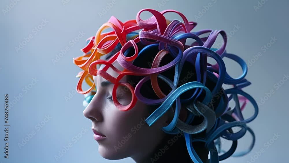 Poster an avantgarde headpiece made from multicolored interlocking 3d printed structures resembling a futur