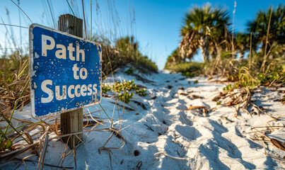 Inspirational Path to Success sign on a scenic trail through sand dunes under a clear blue sky, symbolizing goal achievement and the journey to accomplish objectives