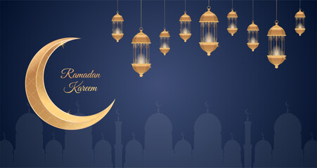 ramadan kareem islamic greeting card background vector illustration. Golden moon and lamp. design template illustration with 3d realistic golden lantern