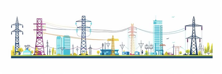 Set of high voltage electrical towers. Color flat vector illustration of power line network isolated on white background - obrazy, fototapety, plakaty