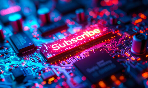 Illuminated Subscribe button on a vibrant circuit board, digital subscription concept, technology background, social media engagement, call to action
