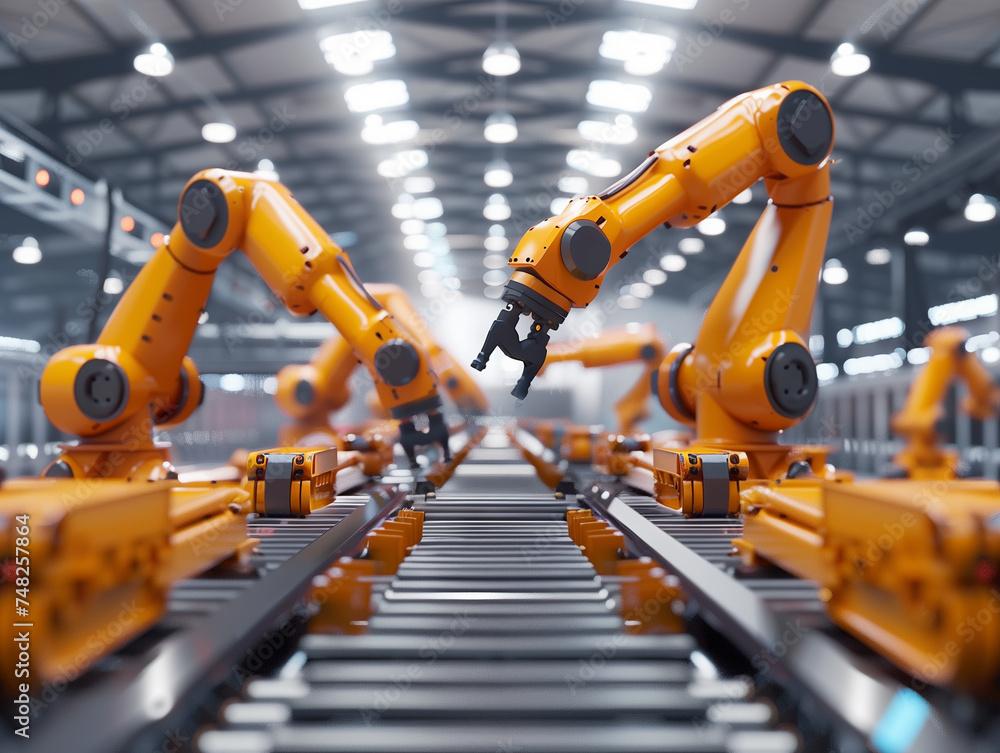Poster technology for industry concept, robot arm working in process at a modern factory, robot for industr