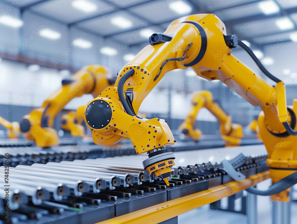 Poster technology for industry concept, robot arm working in process at a modern factory, robot for industr