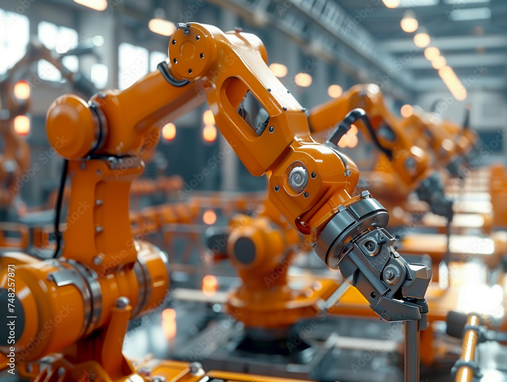 Poster technology for industry concept, robot arm working in process at a modern factory, robot for industr