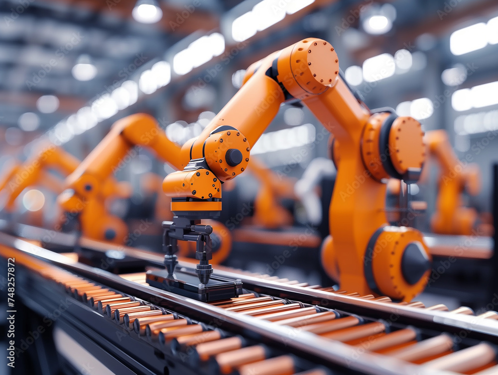 Poster technology for industry concept, robot arm working in process at a modern factory, robot for industr