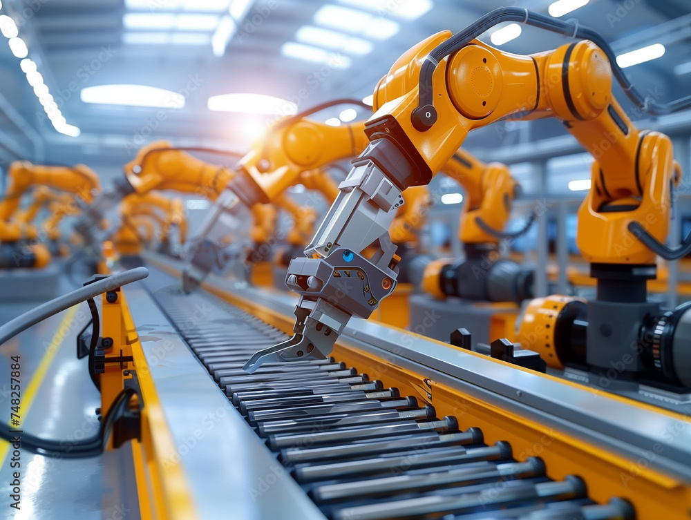 Poster technology for industry concept, robot arm working in process at a modern factory, robot for industr