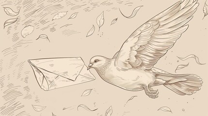 Pigeon flying with letter. Mail box. Submit the order. International postal day is October 9. Vintage bird with envelope
