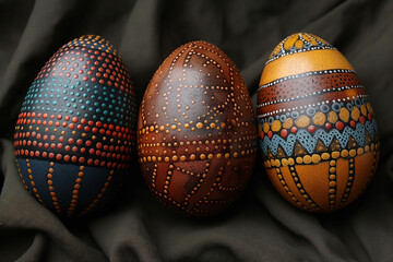 Easter eggs painted in African ethnic style. Religious Christian tradition. Multiculture. Fusion of cultures