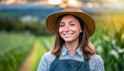Portrait of a farmer woman smiling in a field background - obrazy, fototapety, plakaty