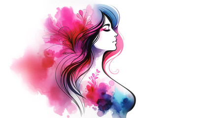An artistic representation of a woman's profile with vibrant watercolor flowers in her hair, symbolizing the beauty and diversity of femininity.