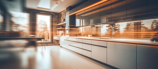 The image shows a kitchen counter top, slightly blurred, with various kitchen utensils and items scattered on it. The focus is on the cluttered surface of the counter. - obrazy, fototapety, plakaty