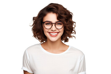 Fototapeta premium Studio portrait of a beautiful young Caucasian Americana business woman wear glasses and casual shirt with an attractive smile, isolated on transparent png background.