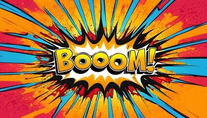 Fototapeta premium Colorful comic pop art boom explosion background, vibrant superhero theme sign frame, announcement created with generative ai 