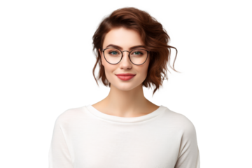 Studio portrait of a beautiful young Caucasian Americana business woman wear glasses and casual shirt with an attractive smile, isolated on transparent png background.