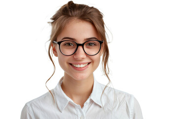 Fototapeta premium Studio portrait of a beautiful young Caucasian Americana business woman wear glasses and casual shirt with an attractive smile, isolated on transparent png background.
