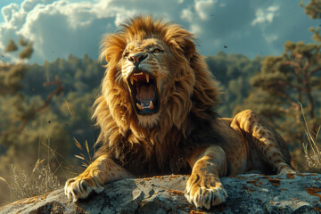 A fierce lion with a golden mane and a powerful roar lying on a rock in the savanna.