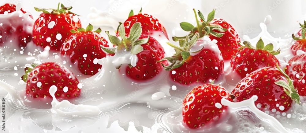 Canvas Prints A close-up view of ripe strawberries being splashed with fresh milk, creating a visually appealing and appetizing scene. The red strawberries contrast beautifully with the white milk as it cascades