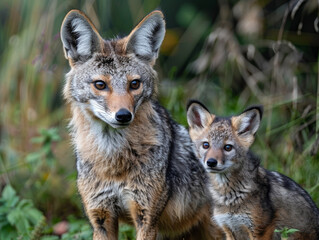 A jackal and its cub standing alert in the wild.