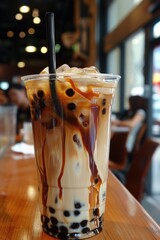 brown sugar boba tea. Thai bubble tea with tapioca pearls on a wooden table. Taiwanese milk drink