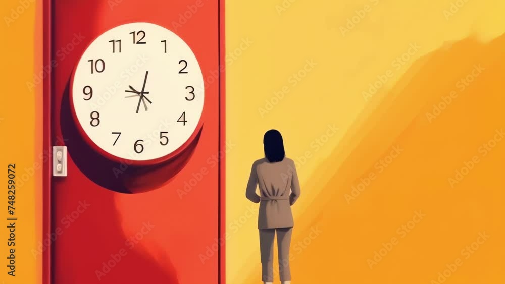 Poster an animation of a person in front of a door with a timer above counting down to when it opens and th
