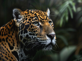 The intense gaze of a closeup jaguar against a backdrop of dense jungle.