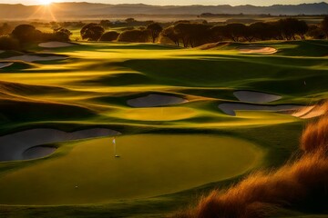 a stunning golf course scene with manicured grass,