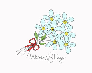 Bouquet of flowers, festive packaging. Inscription, lettering Women's Day March 8. Drawing Chamomile, meadow flower. Design element for wedding, birthday in doodle style. Vector illustration.