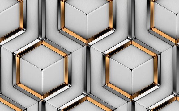 3D tiles made of white elements and gold with silver metal decor