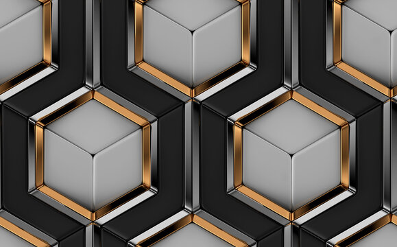 3D tiles made of white and black elements and gold with silver metal decor