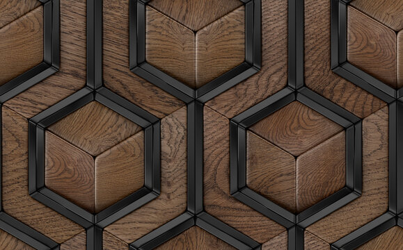 3D tiles made of precious wood elements and black decor elements