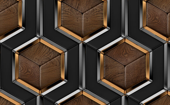 3D tiles made of black and precious wood elements and gold with silver metal decor