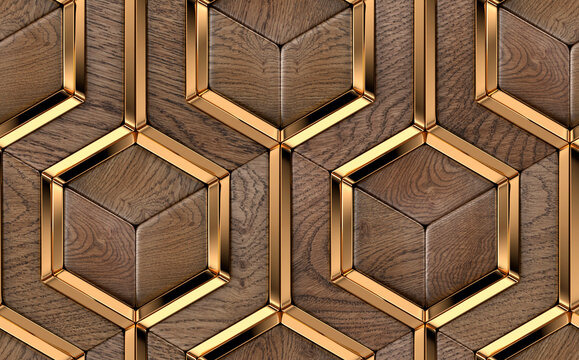 Luxury 3D tiles made of solid precious wood elements and gold metal decor elements