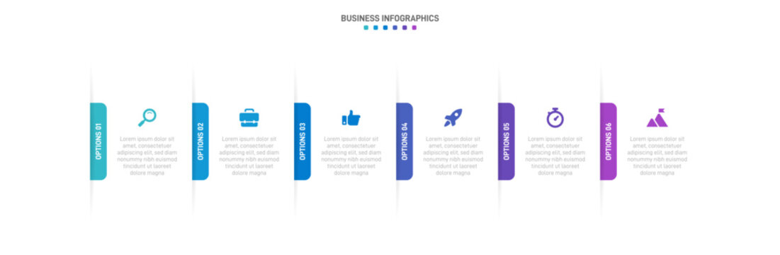 Timeline infographic with infochart. Modern presentation template with 6 spets for business process. Website template on white background for concept modern design. Horizontal layout.