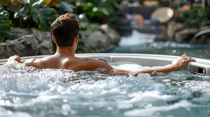 Photo sur Plexiglas Spa Man Relaxing in Hot Tub Surrounded by Lush Greenery, Leisure and Comfort Concept