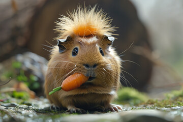 A funny guinea pig with a mohawk hairstyle and a carrot in its mouth.