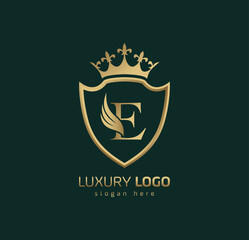 Luxury Crown E logo. Letter E wings logo.