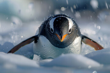 A funny penguin with a black and white tuxedo and a yellow beak sliding on the ice in Antarctica. - Powered by Adobe