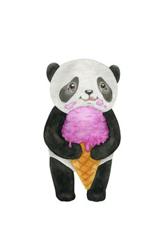 Panda with pink ice cream in cartoon style. Watercolor illustration of a smiling baby bear isolated on transparent background.