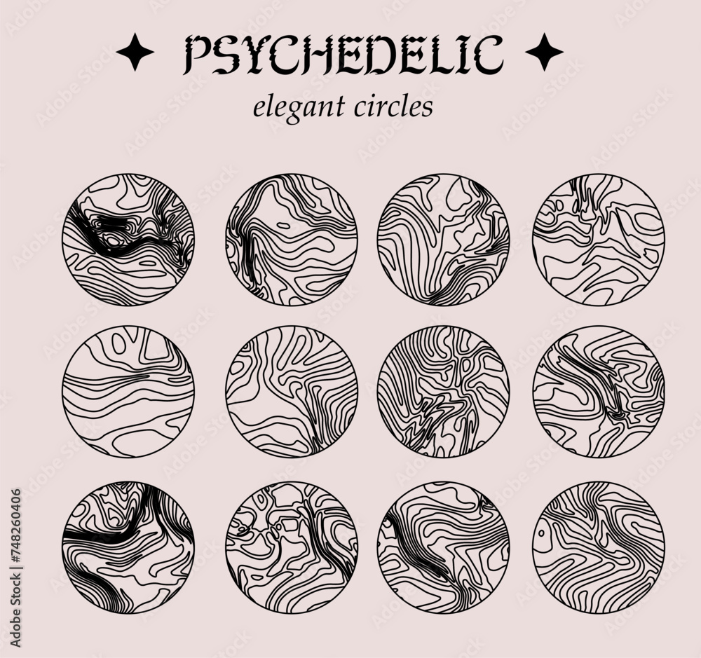 Poster elegant circles with psychedelic wavy pattern for contemporary design.
