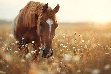 A gentle horse with a brown mane and a white star on its forehead grazing in a meadow. - obrazy, fototapety, plakaty