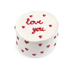Bento cake with text Love You isolated on white. St. Valentine's day surprise