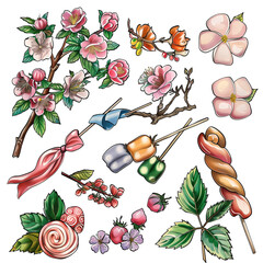 Candy and Blossoms Illustration Set: A vibrant illustration set featuring a delightful mix of colorful candies and blooming climber plants