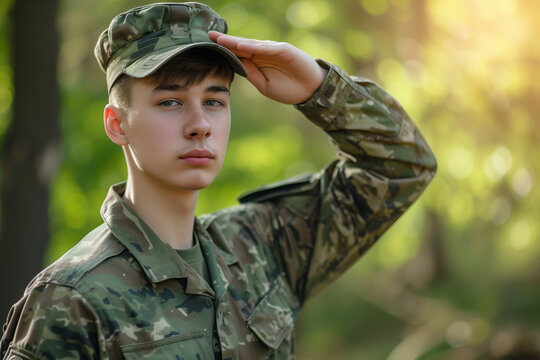 A young male soldier salutes outdoors. The concept of youthful dedication to military service. - Powered by Adobe