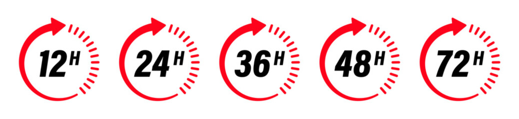 Hour timer icon collection with 12 hours, 24 hours, 36 hours, 48 hours and 72 hours vector logotype countdown stickers in red and black color - Vector Icon - obrazy, fototapety, plakaty